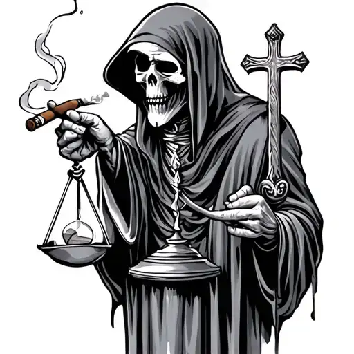 grim reaper smoking a cigar and holding a balance scale with one side having a broken hourglass ans the other a cross tattoo design idea