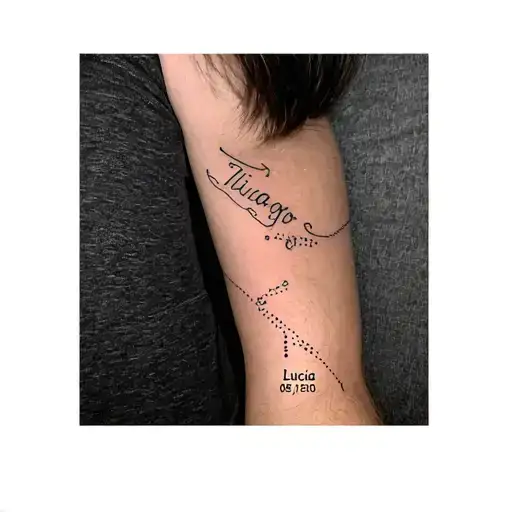 arm band with my kids names, Thiago(08/19/2010) and Lucia(03/31/2025) and their birth dates tattoo design idea