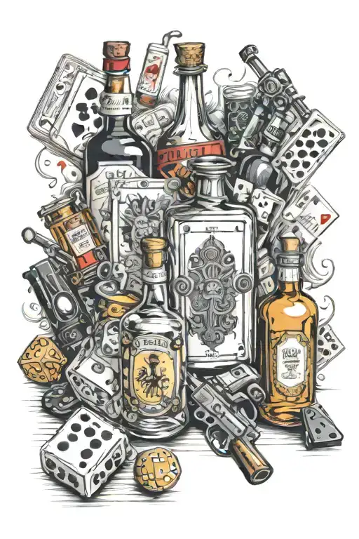 alcohol bottles roulettes cards dice guns tattoo design idea