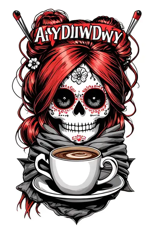 "AIYDIWDWY" sugar skull with red hair in a bun with crochet hooks, wearing a hair scarf holding a steaming coffee tattoo design idea