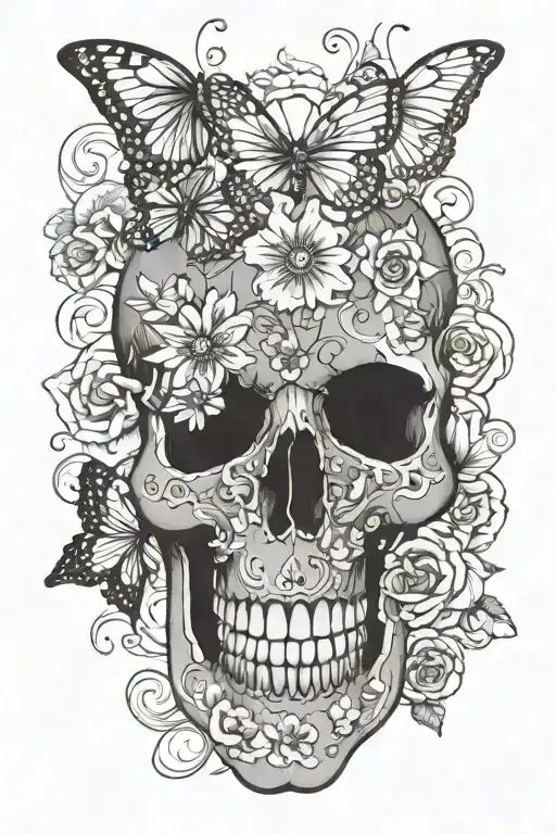 skull, butterfly, flowers, mandala design tattoo design idea
