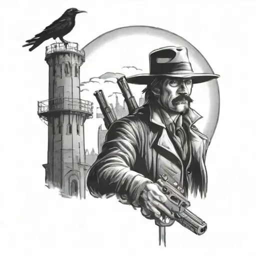 gunslinger and raven infront of the dark tower based on Stephen king book tattoo design idea
