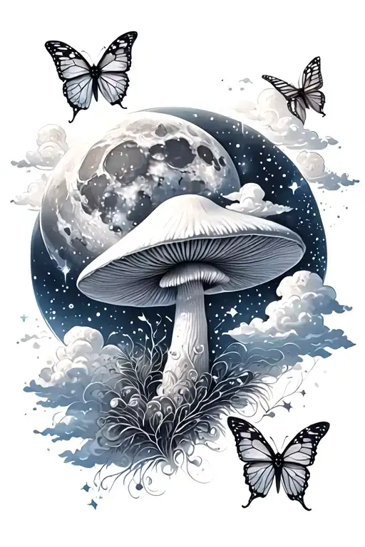 upper left forearm, moon, mushroom, butterfly's, sparkles, Clouds tattoo design idea