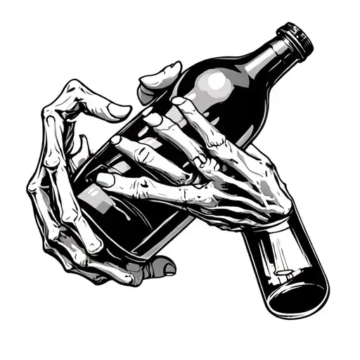 a bottle of strong drink in the hands of a skeleton tattoo design idea