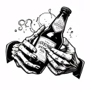 a bottle of strong drink in the hands of a skeleton tattoo design idea