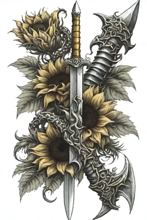 spine sword with snake wrapped and sunflowers tattoo design idea