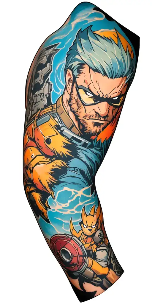 Create a full arm sleeve in color featuring elements from metal gear solid, god of war, crash bandicoot and fallout 4 tattoo design idea