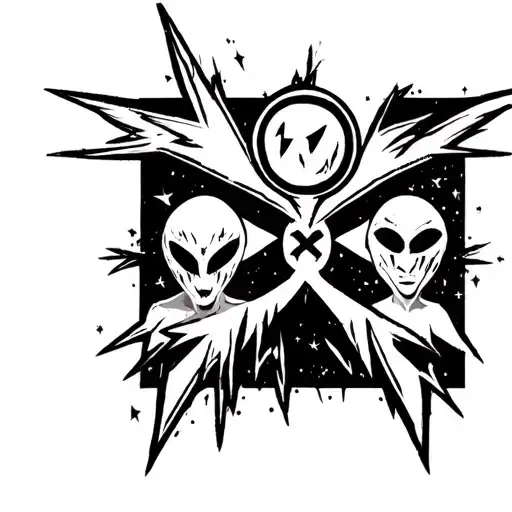 pearl jam stick man, raidiohead alien, shihad lightning bolt, nirvana smiley face, smashing pumpkins star tattoo design idea