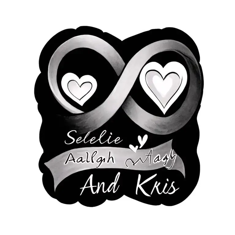 infinity sign tattoo design with small hearts, with three names, Seleslie, Aaliyah, And Kris.  tattoo design idea
