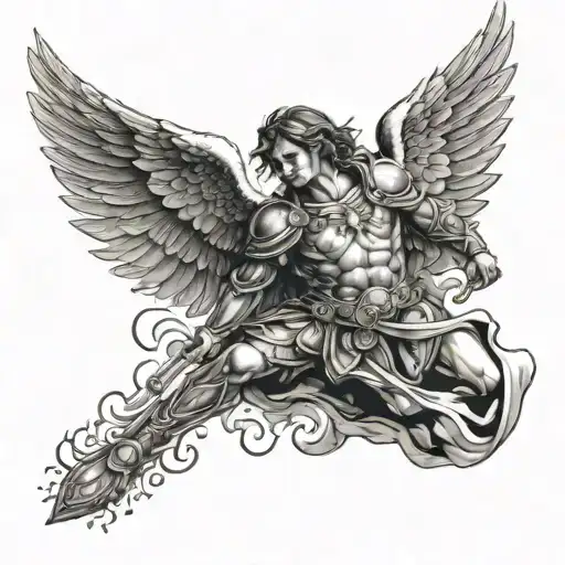 Tattoo on male arm. Shoulder to wrist, full sleeve. Biblical theme tattoo. Main feature is Saint Michael the Archangel.  tattoo design idea