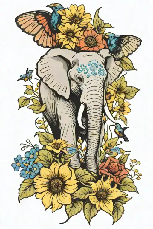 elephant,forget-me-not flower,Tui bird,sunflower tattoo design idea