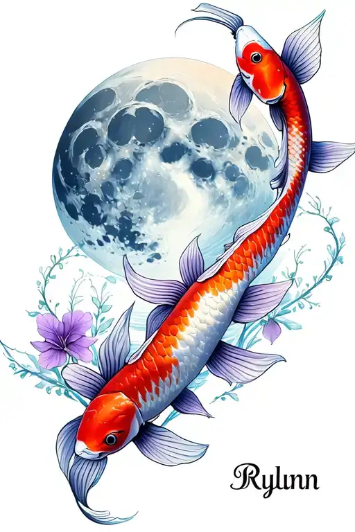 waxing gibbous Moon, two koi fish swimming around the Moon. their spots replaced by amethyst violets, the name Rylynn tattoo design idea