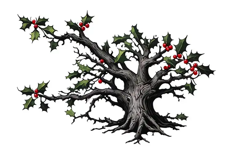 The trunk could have the texture of a birch tree, branches with holly leaves and berries, vines wrapping around, and ree tattoo design idea