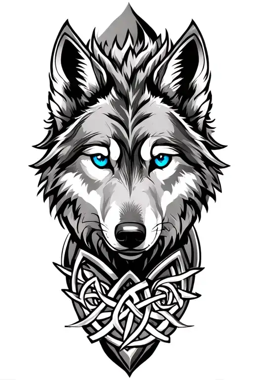 wolf with blue eyes on armor tattoo design featuring Celtic trinity knot  tattoo design idea