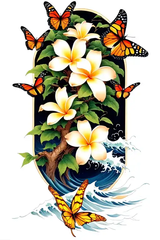 butterflies around a Frangipani tree with waves crashing tattoo design idea