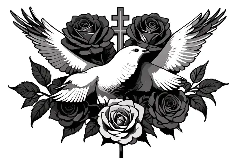 doves with overlapping roses with cross in the center tattoo design idea