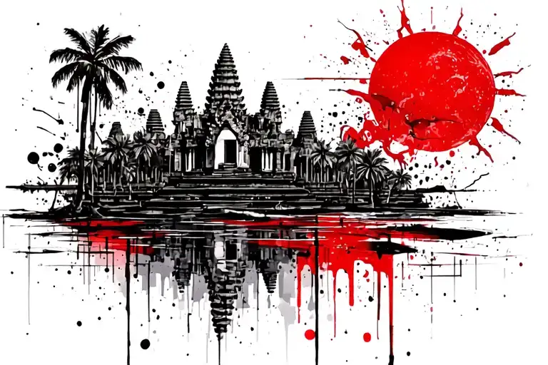 angkor wat, sun on the right side, palms, water, black and red tattoo design idea