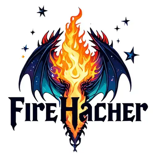 Make a logo for word "FireHacher." Fire breathing space dragon, stars, moons, space elements, more galactic elements tattoo design idea