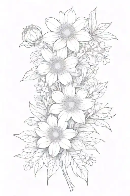 Chrysanthemum, Aster, Snowdrop, and Hellebore simple bouquet - no leaves tattoo design idea