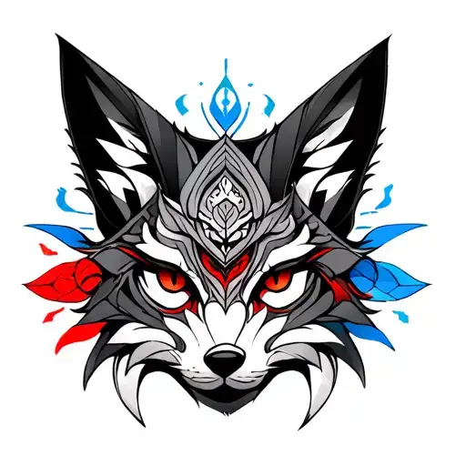 Half Sleeve Geometric Mandala tattoo with red and blue highlights with a kitsune fox mask tattoo design idea