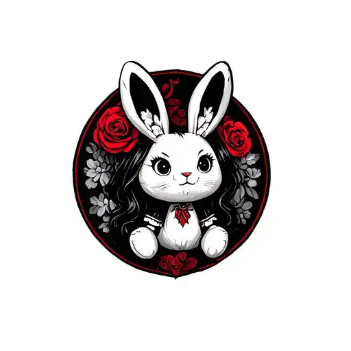 Alice Madness Returns, White Rabbit Plushie, Not Realistic, Block black and white, red details tattoo design idea