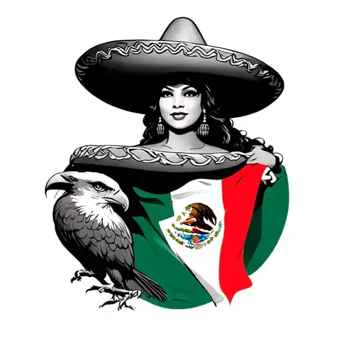 a woman with a sombrero and an eagle and mexican flag tattoo design idea