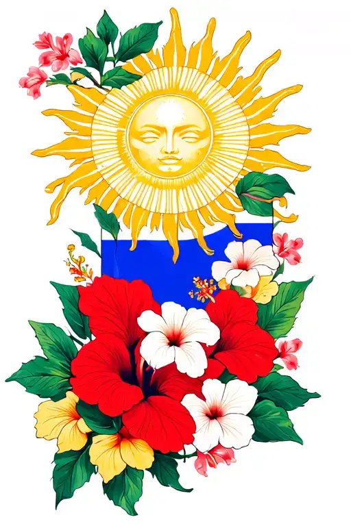philippines flag sun symbol with alot of hibiscus and flowers  tattoo design idea