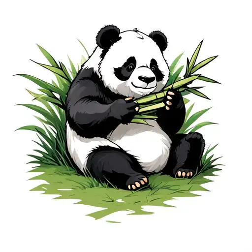 lazy panda is sitting on the grass.Whil eating bamboo and chilling.Most of body is white. tattoo design idea