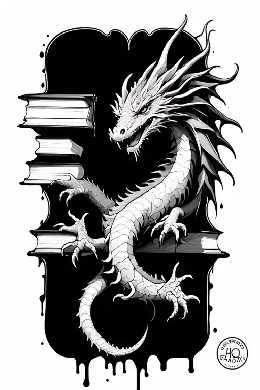 dragon book ink drip tattoo design idea