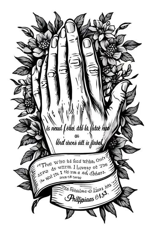 praying hands with a bible verse Philippians 4:13 tattoo design idea