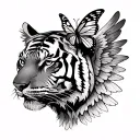Tiger face sideways with long angel wings growing out of them, and a butterfly sitting atop of the tigers ear. tattoo design idea