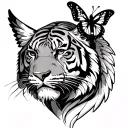 Tiger face sideways with long angel wings growing out of them, and a butterfly sitting atop of the tigers ear. tattoo design idea