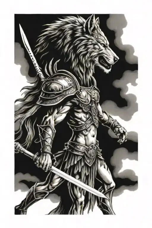 ledy Spartan warrior hunting, lone wolf howling wolf, warrior made by the society, protecting her son tattoo design idea