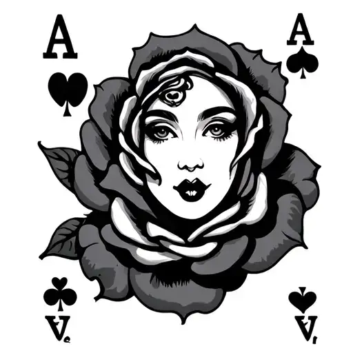 queen of hearts, playing cards, black rose intertwined tattoo design idea