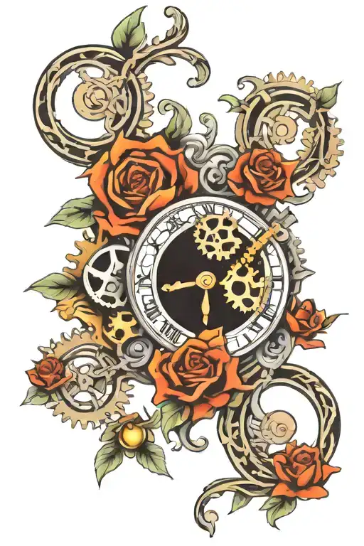 gears, vines forming clock hands tattoo design idea