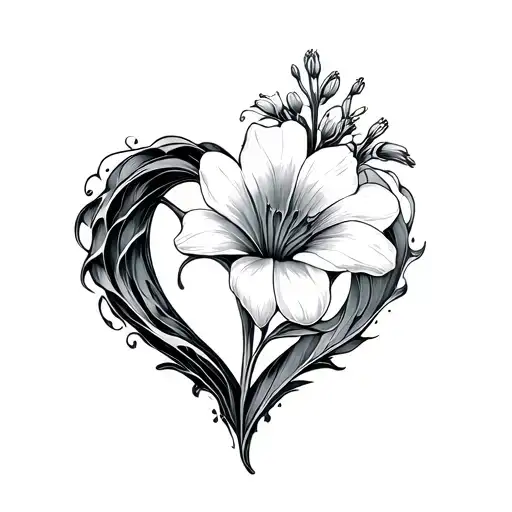 simple line delphinum flower inside a wave heart tattoo design idea