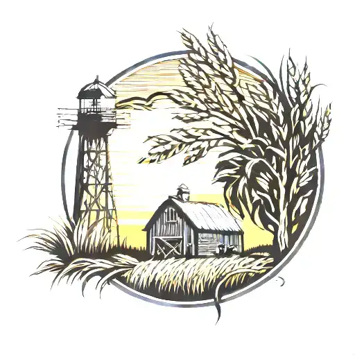 farm scene cornfield barn sunset large cornstalk framing scene banner tattoo design idea