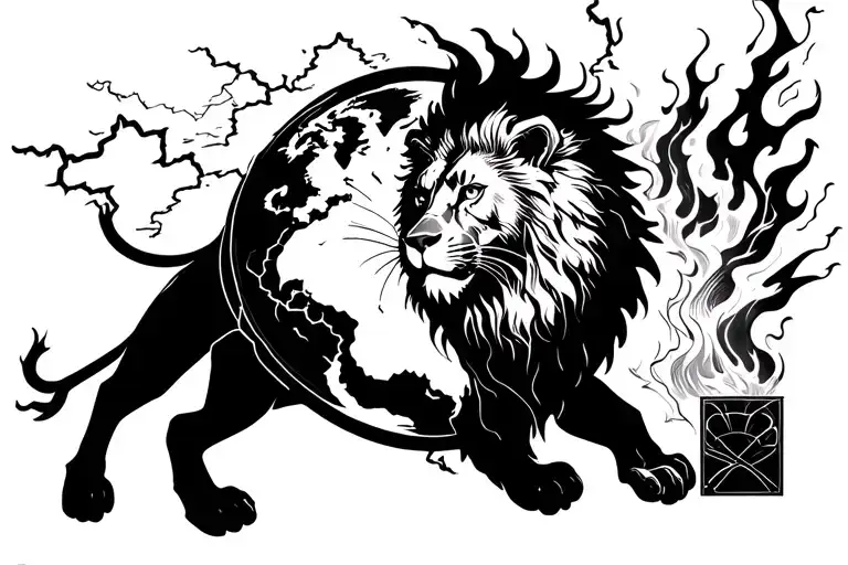 power and perseverance using atlas carrying the world, a lion, fire lightning tattoo design idea
