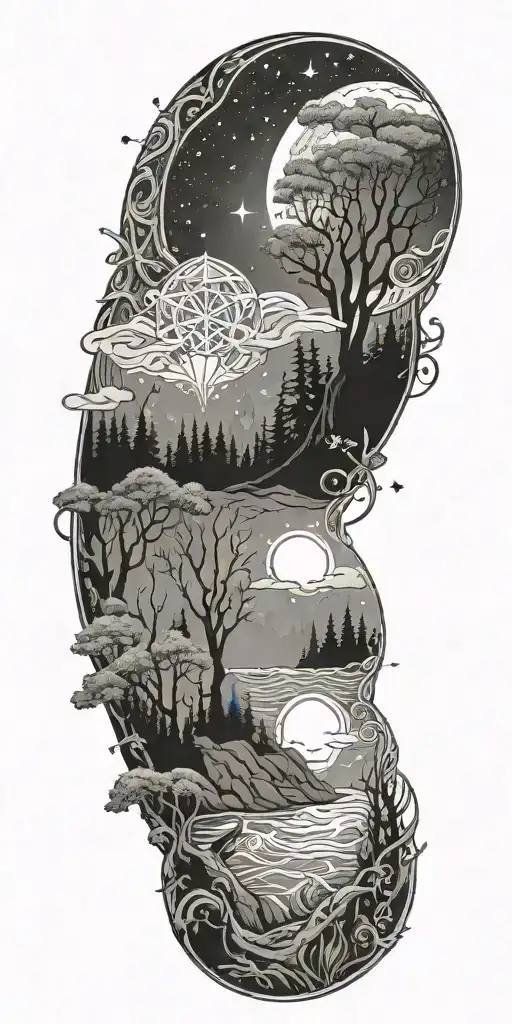 flowing waves, surrounded by a mystical forest scene, with subtle elements of sacred geometry and glowing stars tattoo design idea