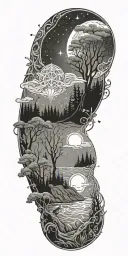 flowing waves, surrounded by a mystical forest scene, with subtle elements of sacred geometry and glowing stars tattoo design idea