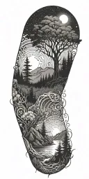 flowing waves, surrounded by a mystical forest scene, with subtle elements of sacred geometry and glowing stars tattoo design idea