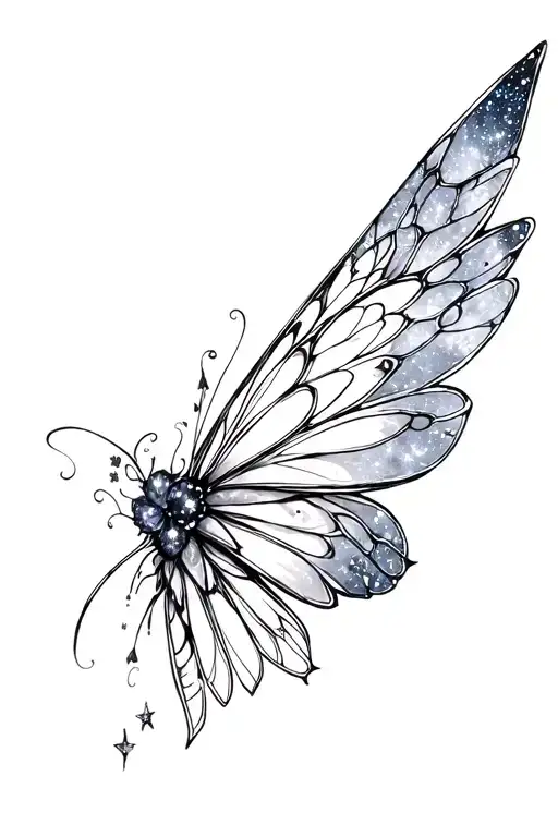 Black and white pair of fantasy style pixie/fairy wings  filled with galaxy's and stars minaml shading  tattoo design idea
