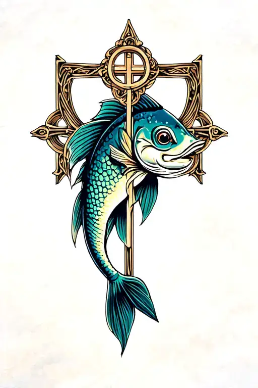 alpha omega cross Christian fish tattoo design idea