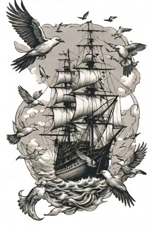 ship with birds flying away tattoo design idea