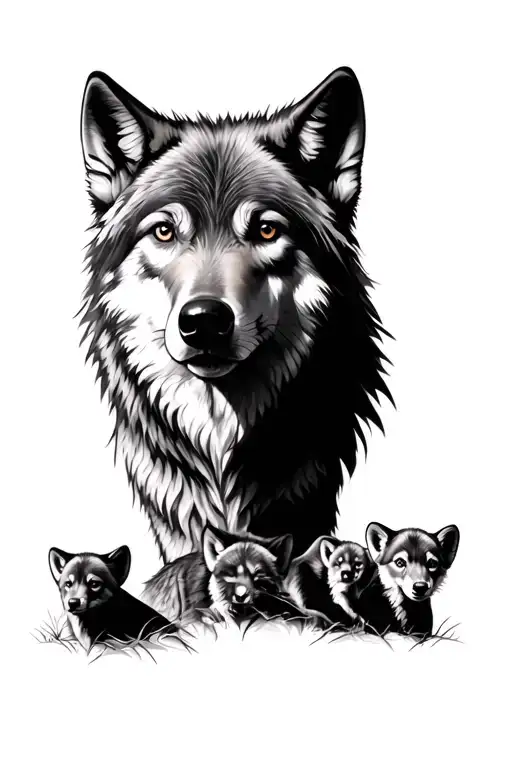 wolf and 3 cubs face only tattoo design idea