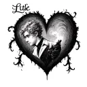 Little Luke in script with a black heart  tattoo design idea