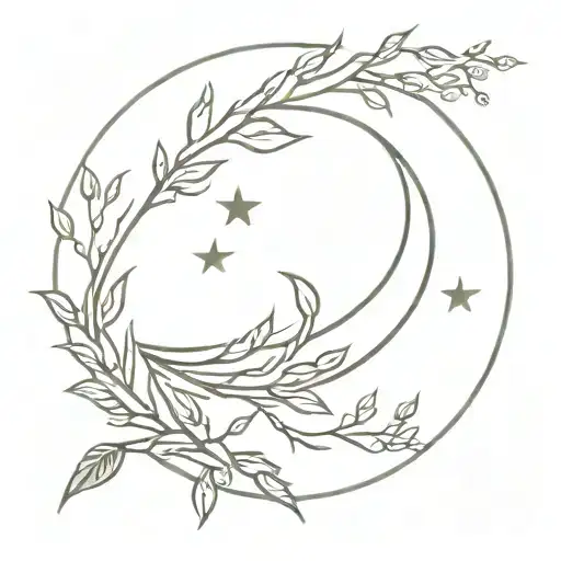 crescent moon with willow branch surrounded, stars in middle tattoo design idea