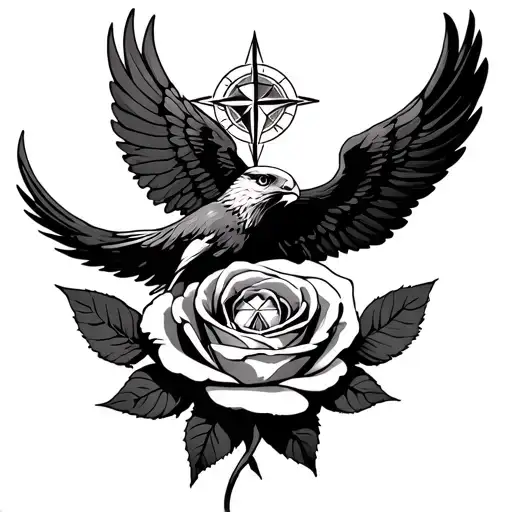 bottom rose with diamond in the middle, compass above the rose, hawk above the compass with wings expanded tattoo design idea
