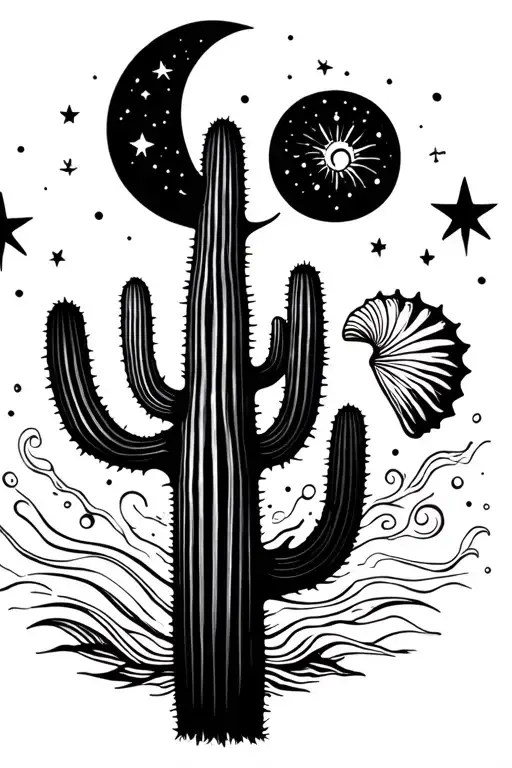 celestial moon and stars, ocean flow, saguaro cactus, spiral seashell, minimal patterns and design tattoo design idea