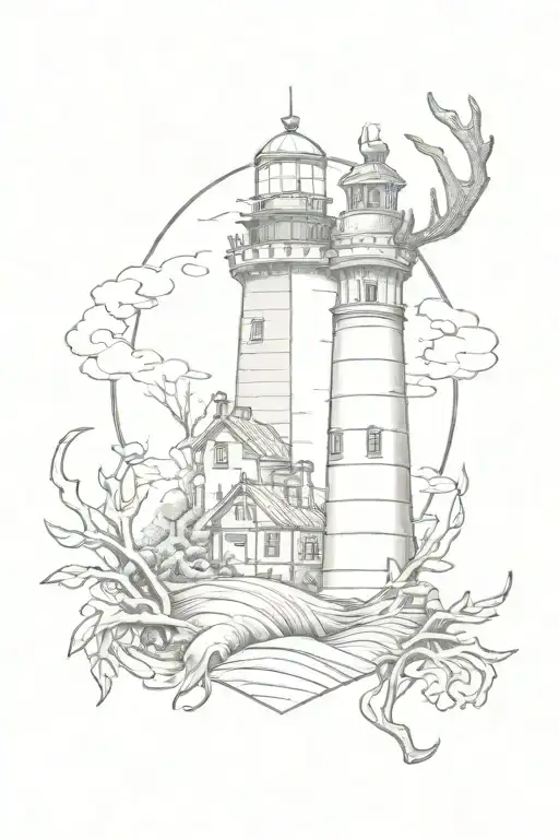 lighthouse background with an anchor underneath. a stag head in front of lighthouse  tattoo design idea